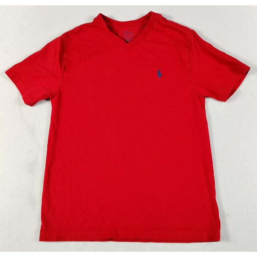 Polo Ralph Lauren Shirt Boys Medium 10-12 Red V‎ Neck Pony Logo Tee Casual